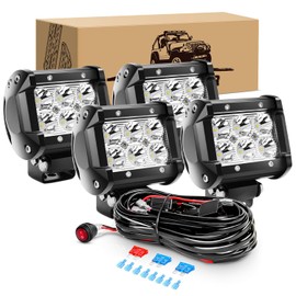 KINGOPT LED Light Bar 4PCS 4Inch 18W LED Spot Light Pods, High Brightness LED Beam with Wiring Harness Kit Fog Lamps Driving Boats Work Lights for Truck Car Golf Cart SUV Motor Jeep Garden Harvester