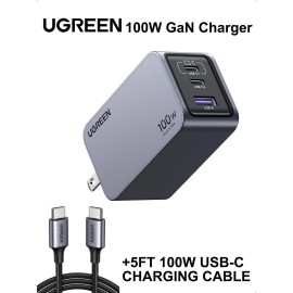 UGREEN Nexode Pro 100W GaN 3-Port USB-C, Ultra Compact Fast PPS Charger W/Cable