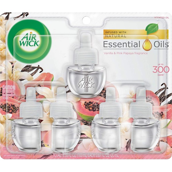 Air Wick plug in Scented Oil 5 Refills, Vanilla & Pink Papaya, (5x0.67oz), Essential Oils, Air Freshener, Packaging may vary,Vanilla & Pink Papaya