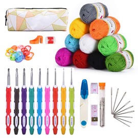 KOHMUI Crochet Hook and Crochet Yarn Set, Colourful Ergonomic Soft Rubber Crochet Hooks with Portable Bag, 10 Colours Acrylic Wool for Crochet and Crafts