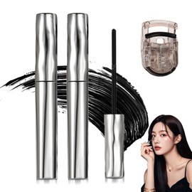 Waterproof Metal Wand Natural Washable Mascara, Steel Pipe Eyelash Primer Waterproof Long Lasting Lash Extensions Mascaras Long Lasting Smudge-Proof No Flaking (2 PCS and 1pcs Eyelash curler tool)