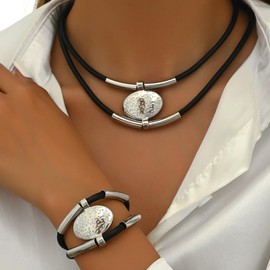 Boho Necklace Bracelet Set,Vintage Multi-layer Leather Bracelets Necklaces Beaded Silver Pendant Necklace and Bracelet Set Hip Hop Gothic Punk Chokers Bohemian Jewelry Gifts for Women (Silver)