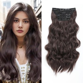 Gx Beauty Clip In Hair Extensions 20 Inch Long Wavy Dark Brown Hair Extensions, 4pcs Full Head Synthetic Hairpieces, Natural & Soft Hairpieces for Women(4PCS, Dark Brown)