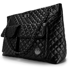 Badgley Mischka Diana Quilted Vegan Leather Travel Weekender Tote Bag | Black