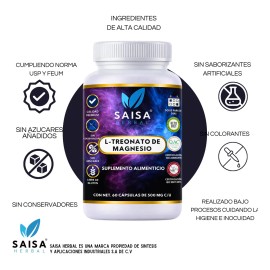 Treonato Magnesio Suplemento Alimenticio 100 Puro Saisa Herbal Cápsulas Alta Absorción Reduccion Estrés Mejorar Memoria Concentración