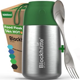 Blockhütte Stainless Steel Food Flasks for Hot Food Kids and Adults I 1l I Thermal Soup Flask with Spork I Vacuum Insulated Thermal Lunch Box to Go for 14h Hot Meals, BPA Free - Dark Green