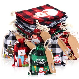 GWHOLE 24 PCS Christmas Drawstring Bags,Advent Calendar Bags with rope and tags Candy Cookie bags for Christmas