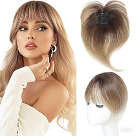 Purplelf Hair Topper Clip in Bangs, 360° 3D Cover Hair Toppers for Women With Thinning Hairs, Bangs Clip Toppers Pieces for Women Daily Wear Use (Ombre Mix Blonde with Reddish Dark Brown Root)