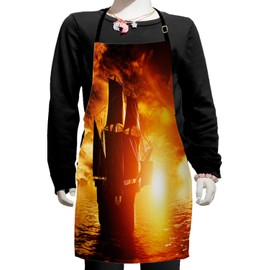 Ambesonne Pirate Ship Apron, Pirate Ship Sailing on The Ocean at Sunset in Full Sail Print, Small Apron Bib with Adjustable Ties for Baking Painting, Small Size, Orange Yellow Black