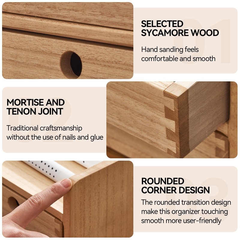 KIRIGEN Desk Organizer with 3 Drawers - Wood Drawer Storage
