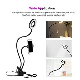 Ring Light LED Gooseneck Clamp Lamp, 3 Light Modes, 360 Degree Rotation, Dimmable, with Tripod Stand, Phone Holder and Long Arms, Clip Mounts for Live Stream and Makeup