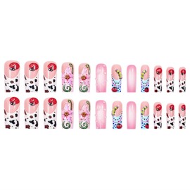 Long Coffin Press on Nails Ballerina Fake Nails with Designs Flower Stick on Nails French False Nails Seven-Spotted Ladybug Acrylic Nails Glossy Artificial Nails Glue on Nails for Women 24Pcs