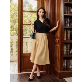 Belle Poque Women Midi Skirt Business Casual Work Dance High Waisted A Line Pleated Skirts with Pockets Khaki L