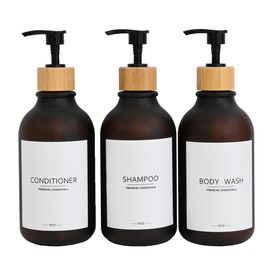 GlrYer Shampoo Soap Dispenser and Conditioner Bottle Matte Surface with Bamboo Pump, 3-Pack Refillable Body Wash Shower Bottles (16 oz, Amber)
