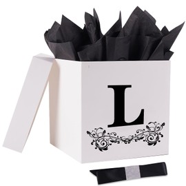 Jaywayang Letter Gift Box with Lid, Ribbon and Warpping Tissue, 8.7" White and Black Gift Box for Men Women Birthday, Baby Shower, Anniversary, Wedding Party Favor Decorative (Medium Letter L)