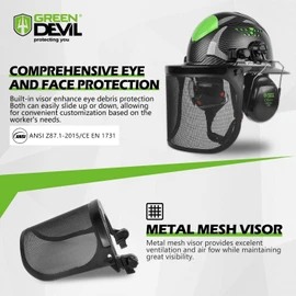 GREEN DEVIL Industrial Chainsaw Helmet with Face Shield Built in Visor and Ear Muffs 4 in 1 System ANSI Z89.1 Safety Hard Hat Adjustable Headgear Ideal for Forestry and Arborist Work Full Brim Style