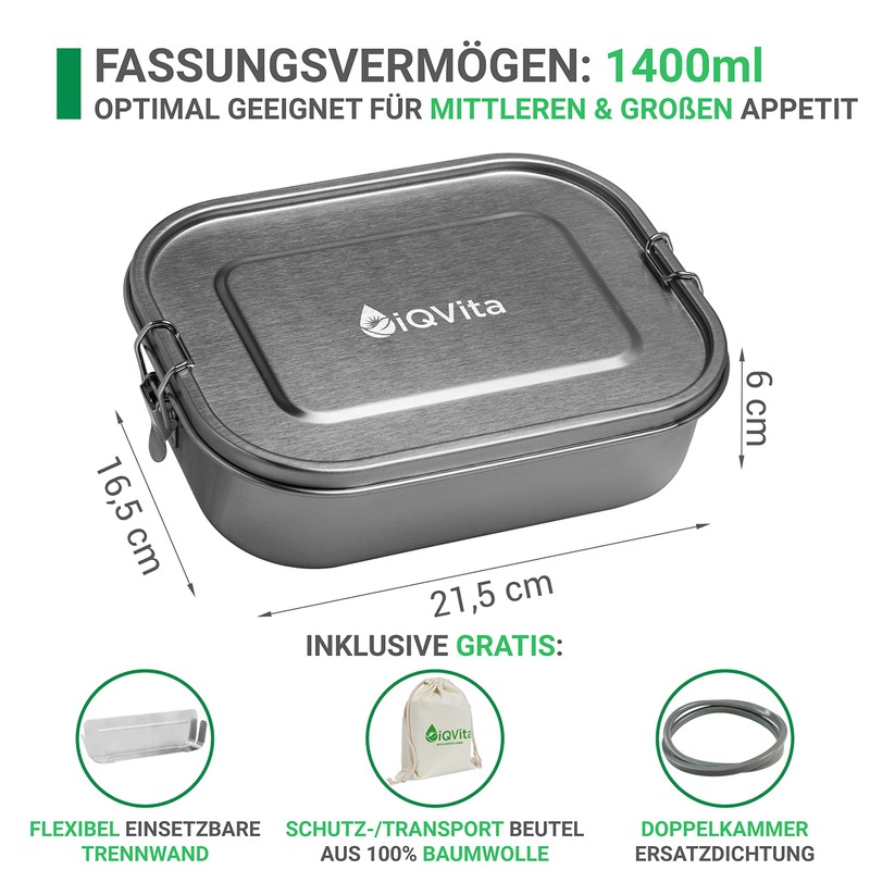 iQVita Stainless Steel Lunch Box, Leak-Proof