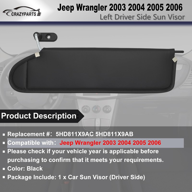 CRAZYPARTS Driver Left Side Sun Visor Compatible with Jeep Wrangler