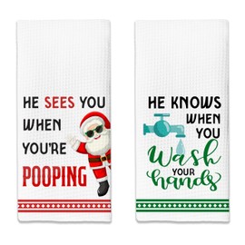 Christmas He Sees You When You’re Pooping He Knows When You Wash Your Hands Kitchen Towels,16x24 Inches Set of 2,Tea Towels Dish Towels Hand Towels for Home Kitchen Farmhouse Bathroom Decor.(021)