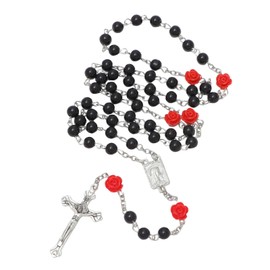 KIMUWHI Black Catholic Rosary Necklace for Women, Simulated Pearl Prayer Beads with Rose Accents, Silver Crucifix & Our Lady of Lourdes Medal, Religious Gift for Her