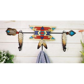 Ebros Gift Southwestern Boho Chic Colorful Aztec Vector Patterns Turquoise War Arrow Dreamcatcher Feathers and Beads 3-Pegs Wall Hooks Hanging Decor Organizer Accent for Coats Keys Leashes