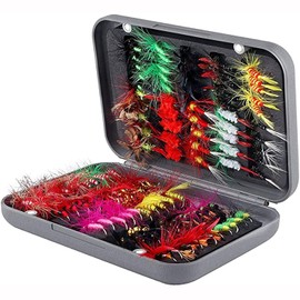 ANCLLO 100 Pieces Fly Fishing Flies Set Fly Fishing Dry Fly Wet Fly Assortment Set with Waterproof Fly Box for Trout Fishing