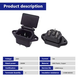 DKARDU C14 Panel Mount Plug Adapter, AC 250V 10A IEC 320 3Pins Screw Mount Module Power Connector Socket with Cover, with Spade Quick Splice, Wire Caps (35 Pack)