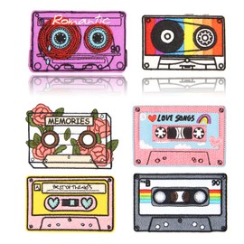 HEYTRCO 6PCS Cartoon Tape Iron on Patches, Cute Vintage 90's Retro Cassette Vibes Mixtape Embroidered Repair Patches for Clothes, Classic Applique for Hats, Jeans, Jackets, Backpacks, Shoes