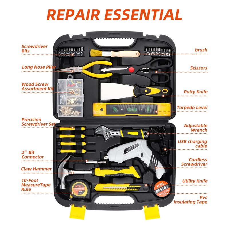 DIFFLIFE 136 Piece Tool Set,General Household Hand Tool Kit with