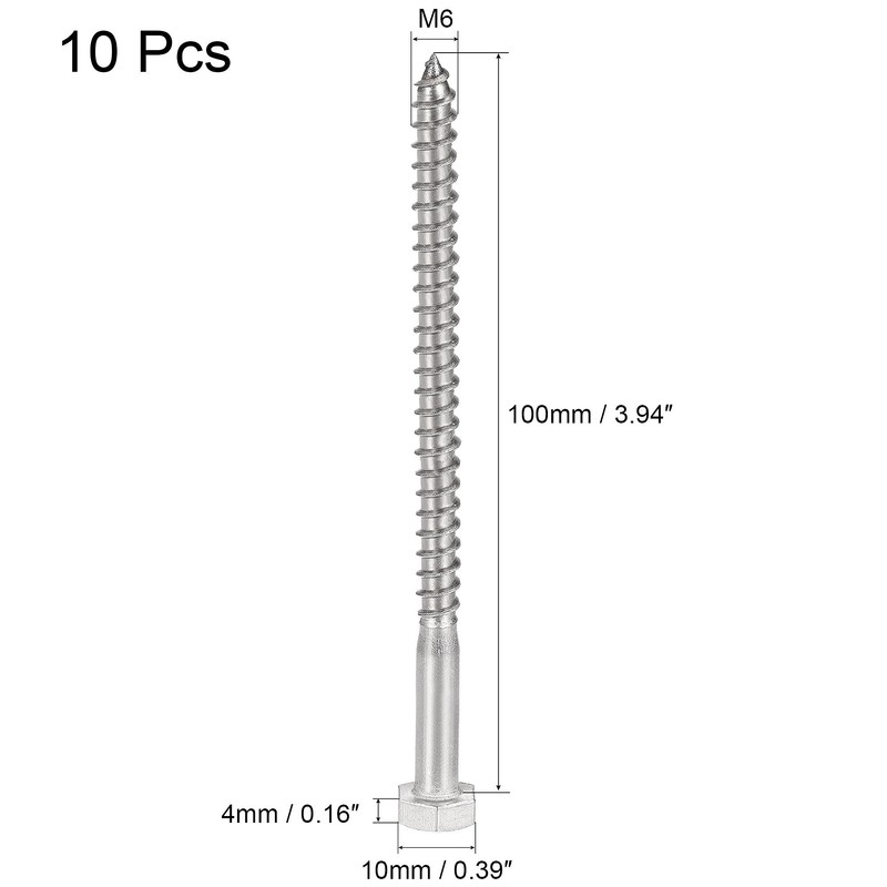 sourcing map Hex Lag Screws, M6 x 100mm 304 Stainless