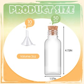 Sabary 50 Pack 3 oz Plastic Sand Art Bottles with Cork Stoppers Mini Potion Bottles Small Perfume Vial Sand Bottles for Sand Art with 10 Mini Funnels for DIY Craft, Essential Oil, Message, Party Favor