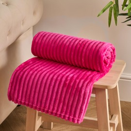 OHS Fluffy Fleece Throw Blanket for Sofa, Soft Cosy Warm Ribbed Blanket for Bed Settees Armchairs Lightweight Single Bed Throw, Bright Pink - 125 x 150cm