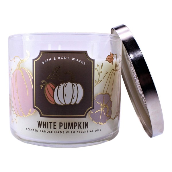 White Barn Candle Company Bath and Body Works 3-Wick Scented Candle w/Essential Oils - 14.5 oz - White Pumpkin (White Pumpkin, Autumn Spice Blend, Ground Cinnamon)