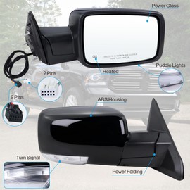 Lqito Right Passenger Side Door Mirror Compatible With 2013-2018 Ram 1500 2500 3500 With Power Folding Power Glass Heated Turn Signal Puddle Lights Black Replace#68096196AF (9+2Pins)