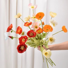 OUKEYI 6 Pcs Silk Artificial Poppy Faux Flowers Home Decor, Faux Poppy Flower Centerpiece. Artificial Plants Coral Flower Arrangement. Silk Flowers for Decoration (Mixed Colors)