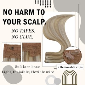 RUNATURE Invisible Hair Extensions Real Hair Brown Mix Blonde 30 cm Wire Hair Extension Adjustable Extensions Real Hair with Wire Straight 70 g #8P24