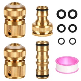 CoKeeSun 4 Pcs Brass Hose Connector Set 2 Hose 1/2" End Quick Connectors, 1 Double Male Connector, 1 Hose Tap Connector with Waterproof Tape and Washers for Garden Hose Pipe