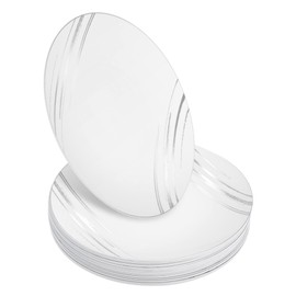 STACKABLES ~ 20 Pack Hard Plastic Plates ~ 8'' White Party Plates with Silver Design ~ Lightweight Dinnerware Reusable Dishware Plate Set for Weddings and Parties