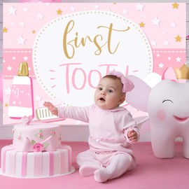 Pink First Tooth Backdrop for Girls Cute Teeth Photography Background Cloth 1st Baby Tooth Backdrop Toothpaste Toothbrush Banner for Dentist Teeth Themed Photo Booth Props Dental Party Supplies 5x3ft