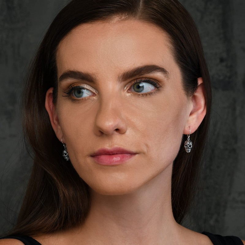 Diamond Treats Hanging Gothic Skull Earrings in 925 Sterling Silver,