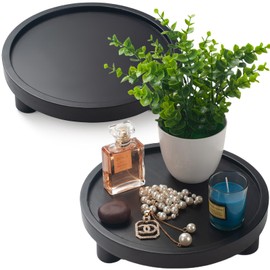 2 Pcs Wood Riser for Display, Round Wooden Tray Decor, Farmhouse Pedestal Stand, Decorative Riser Tray for Kitchen or Bathroom Counter, Black