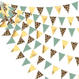 32Ft Jungle Safri Party Decorations Gold Sage Green Giraffe Printed Triangle Flag Fabric Banner Pennant Bunting Garland Streamer for Wild Animal Woodland Giraffe Birthday Baby Shower Party Decor