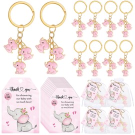 Equsion 25 Set Baby Shower Favors for Guests Elephant Keychain Bulk Decoration with Thank You Card Gender Reveal Return Gifts(Pink)