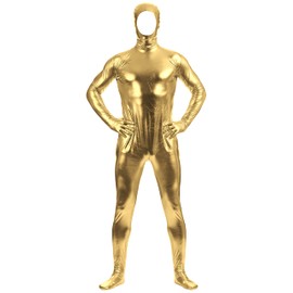 Aniler Unisex Shiny Metallic Open Face Zipper Stretchy Zentai Bodysuit (Large, Gold)