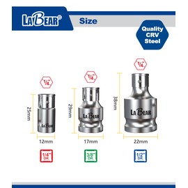 LABEAR Fastener Tools - 3PCS Fastener Drive Bit, 1/4, 3/8, 1/2-inch Square Drive Tools for 1/4-inch Hex Bits, Premium Quality, Quick-Change