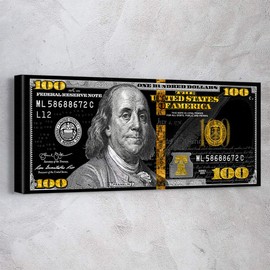 Awesometik" 100 Dollar Bill Money Press Design Canvas Print Art Home. Ready To Hang. Made In USA (Graffiti Black Gold)