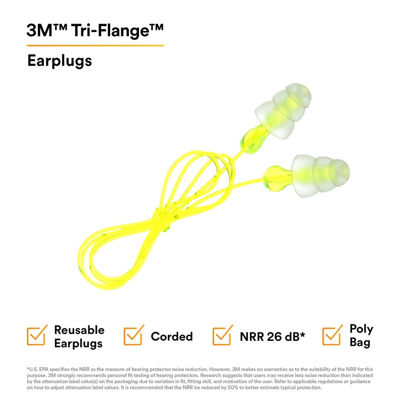 3M Tri-Flange Earplugs P3000, Corded, 100 Pairs
