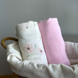 Ultra-Soft Organic Muslin Swaddle Blankets – 70% Bamboo & 30% Cotton, 2-Pack – Gentle, Breathable, Lightweight, Soft Muslin – 47 x 47 inch, Organic Soft Baby Wraps (Spring Floral&Blush Pink)