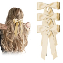 Khaki Hair Bows for Women 3PCS Soft Bow Hair Clips with Metal Clips Long Tail Hair Ribbon Ponytail Holder Wedding Dress Decor Hair Accessories for Girls Teen