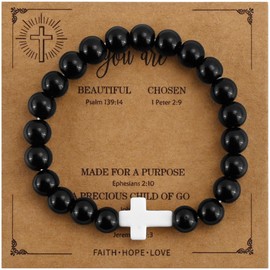 VIBILIA Beaded Bracelets for Women, Inspirational Cross Bracelet for Women, Natural Gemstone Obsidian Jesus Bracelet, Christian Gifts for Mom, Daughter, Wife, Sister, Friend Birthday Mother's Day